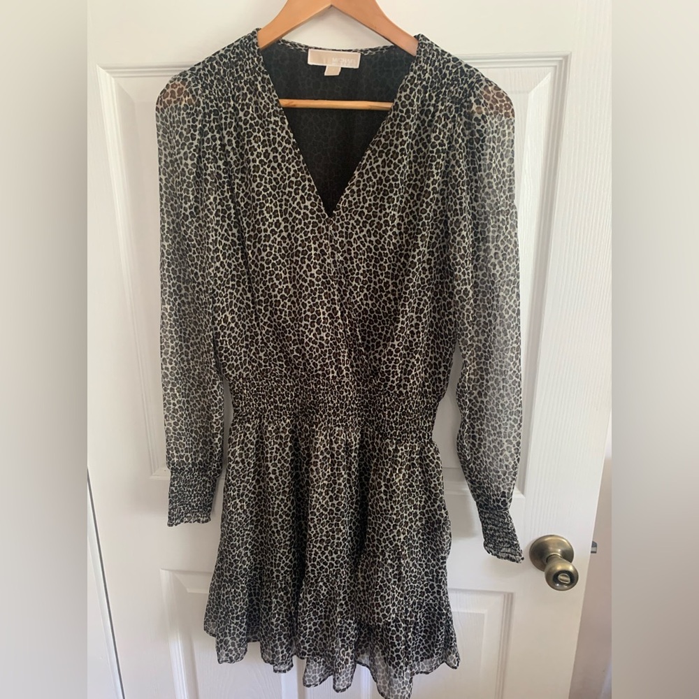 Michael Kors Metallic Animal Print Long Sleeve Ruffles Wrap Dress Size Small